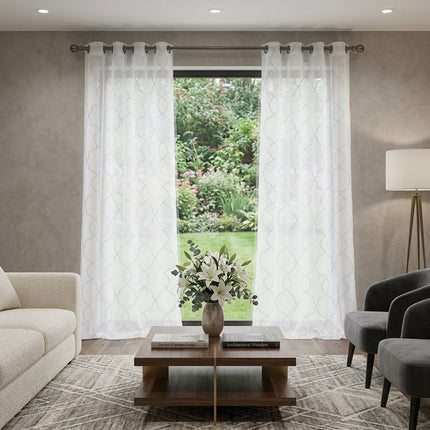 84” White Trellis Pattern Embroidered Window Curtain Panel