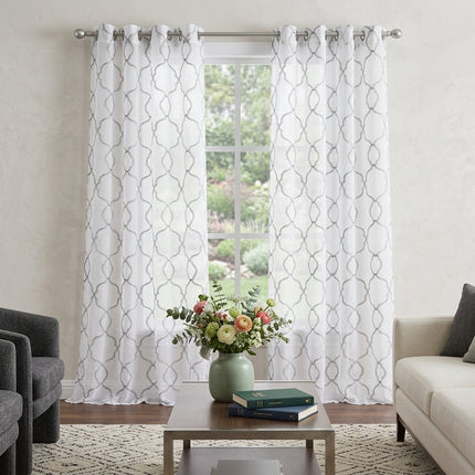 84” Silver Trellis Pattern Embroidered Window Curtain Panel