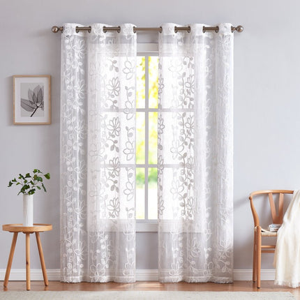 Set of Two 84"  White Floral Embroidered Window Panels