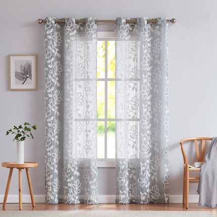 Set of Two 96"  Silver Floral Embroidered Window Panels