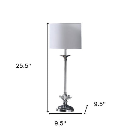 26" Silver Metal And Faux Crystal Table Lamp With White Cylinder Shade