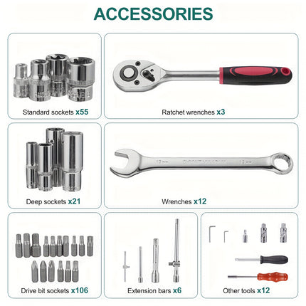 216pcs Wrench And Socket Set for Automotive, Marine, And Motorcycle Repairs with Ratchet And Spanners