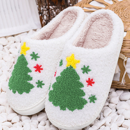 White Fuzzy Christmas Tree Pattern Home Slippers
