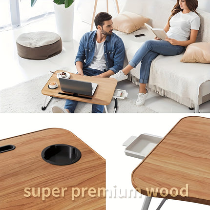 Foldable Laptop Lap Desk with Cup Holder and Drawer - Portable Dining Bed Tray, Suitable for Dining, Writing,