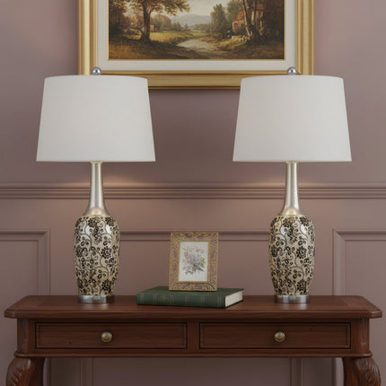 Set Of Two 30" Silver Metal Two Light Bedside Table Lamps With White Globe Shade