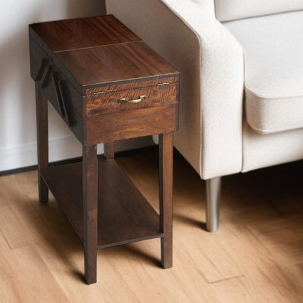 28" Dark Brown Solid Wood Rectangular End Table With Drawer And Shelf