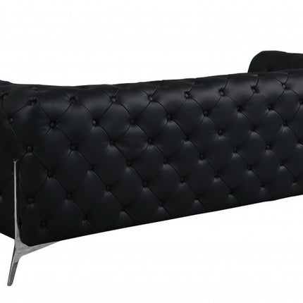 93" Black Italian Leather Chesterfield Sofa With Silver Legs
