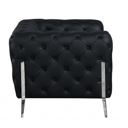 93" Black Italian Leather Chesterfield Sofa With Silver Legs