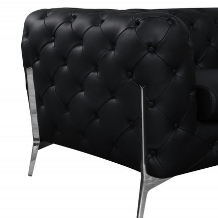 93" Black Italian Leather Chesterfield Sofa With Silver Legs