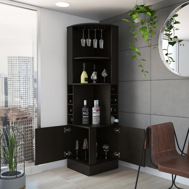 71" Black Wood Corner Bar Cabinet With Two Doors
