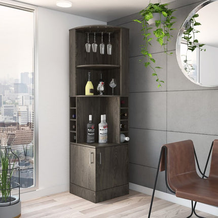 71" Dark Brown Wood Corner Bar Cabinet With Two Doors