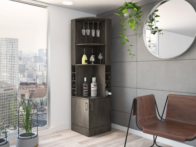 71" Dark Brown Wood Corner Bar Cabinet With Two Doors