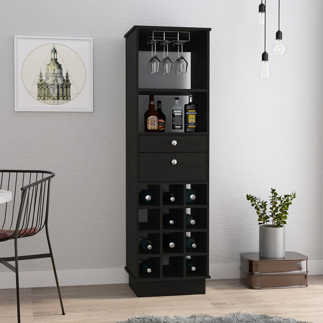 63" Black Wood Bar Cabinet With Two Drawers