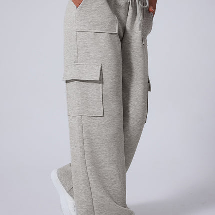 Light Grey Multi Pockets Lace-up High Waist Wide Leg Workout Pants