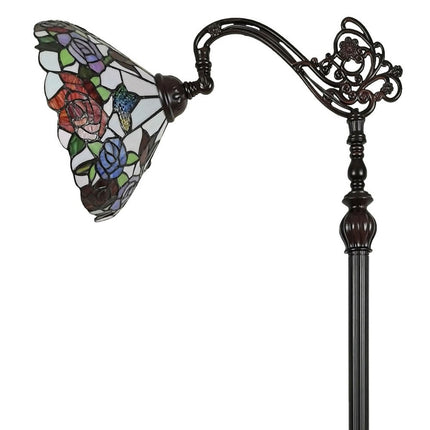 62" Espresso Metal Torchiere Floor Lamp With Green And White Flowers Glass Dome Shade