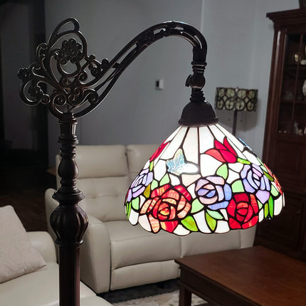 62" Espresso Metal Torchiere Floor Lamp With Green And White Flowers Glass Dome Shade