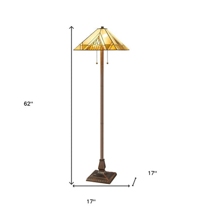 62" Brown Two Light Beige And Brown Geometric Stained Glass Floor Lamp