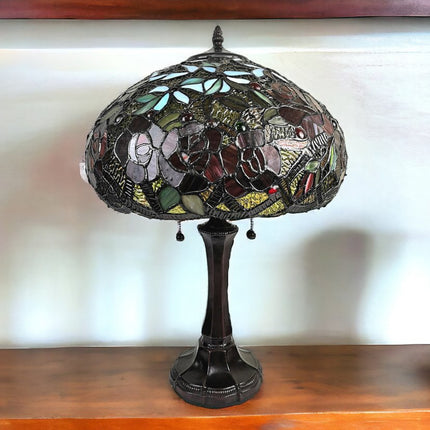 24" Dark Brown Metal Two Light Candlestick Table Lamp With Red Dome Shade