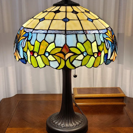 23" Dark Brown Metal Two Light Candlestick Table Lamp With Green Shade