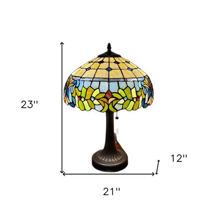 23" Dark Brown Metal Two Light Candlestick Table Lamp With Green Shade