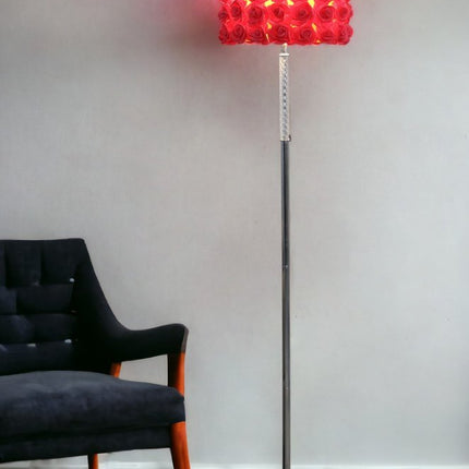 63" Steel and Acrylic Floor Lamp With Red Flowers Fabric Drum Shade