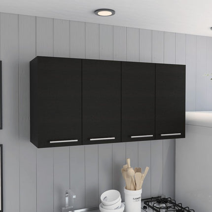 47" Black Wood Wall Mounted Accent Cabinet With Four Doors