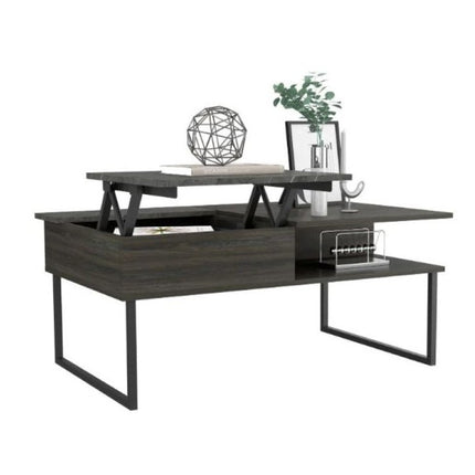 41" Gray And Onyx Metal Lift Top Coffee Table With Two Shelves