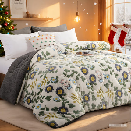 1pc Luxury Double-Sided Winter Quilt, Floral and Geometric Design, Quilting Process,