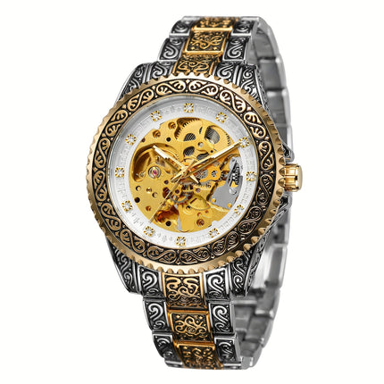 Men'S Vintage Mechanical Watch Luxury Hollow Case with Golden-Tone Dial, Mechanical Movement