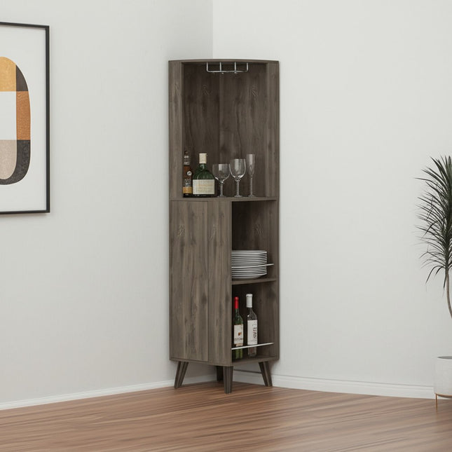 73" Dark Brown Wood Corner Bar Cabinet With One Drawer