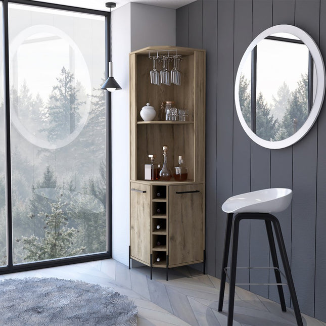 71" Natural Wood Corner Bar Cabinet With Two Doors