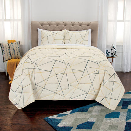 86" X 70" Gray And Ivory Geometric Cotton Quilt