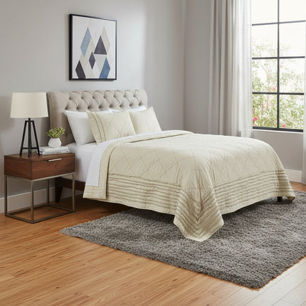 Ivory Geometric King Kantha Stitch Quilt With Shams