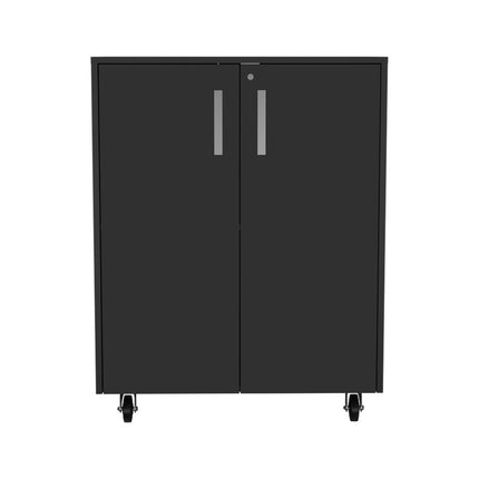 35" Black Wood Rolling Storage Cabinet With Two Doors