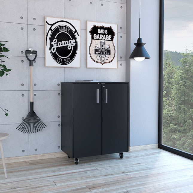35" Black Wood Rolling Storage Cabinet With Two Doors