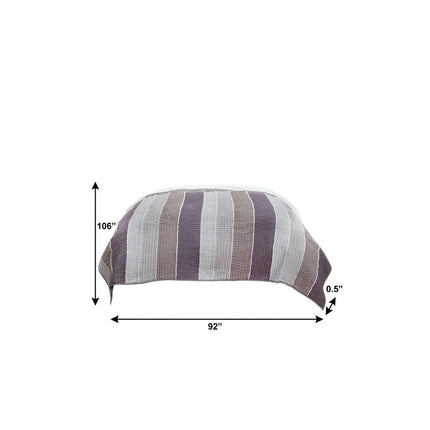 92" X 106" Cream Gray And Pale Purple Striped Cotton Quilt