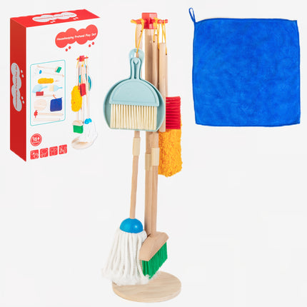 8pcs Wooden Housekeeping Pretend Play Set for Kids, Extended Mop&Broom