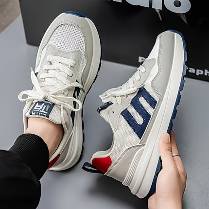 Men's Low-Top Sneakers - White/Blue/Red Accent Color Scheme, Lace-Up Closure