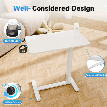 Adjustable Bedside Table Office Table, Pneumatic Computer Workstation With 4-Wheel Rolling
