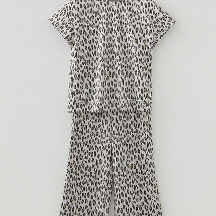 Beige Leopard Print Casual Tee and Pants 2pcs Outfit