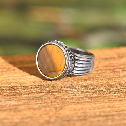 Stainless Steel Mens Tiger Eye Stone Cast Ring Vintage Style