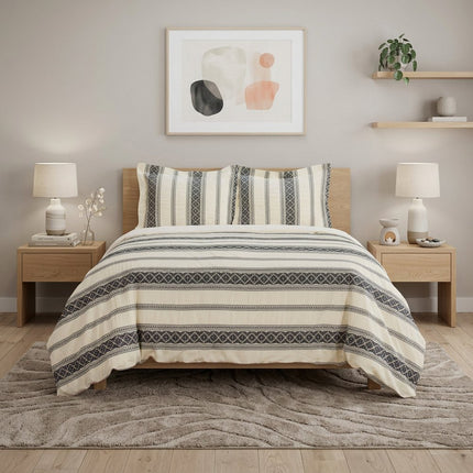 Black And Ivory Queen Cotton Washable Polyester Duvet Cover Set With Two Shams