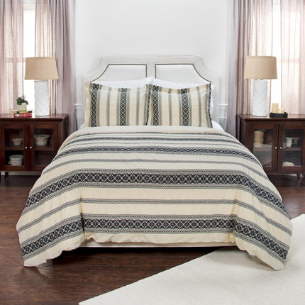 Black And Ivory Queen Cotton Washable Polyester Duvet Cover Set With Two Shams