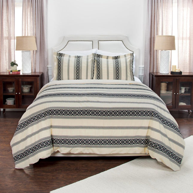 Black And Ivory Queen Cotton Washable Polyester Duvet Cover Set With Two Shams
