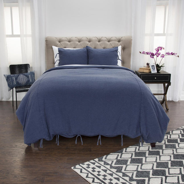 Indigo Queen Cotton Washable Polyester Duvet Cover Set With Two Shams