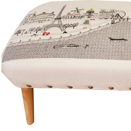 38" Cream Wool and Brown Ottoman