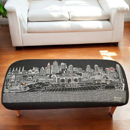 38" Black Wool and Brown Ottoman