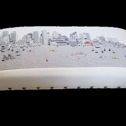 38" Cream And Natural Boston Daytime Skyline Embroidered Ottoman