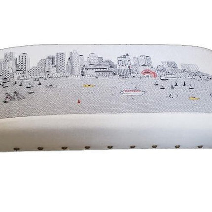 38" Cream And Natural Boston Daytime Skyline Embroidered Ottoman