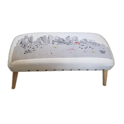 38" Cream And Natural Boston Daytime Skyline Embroidered Ottoman